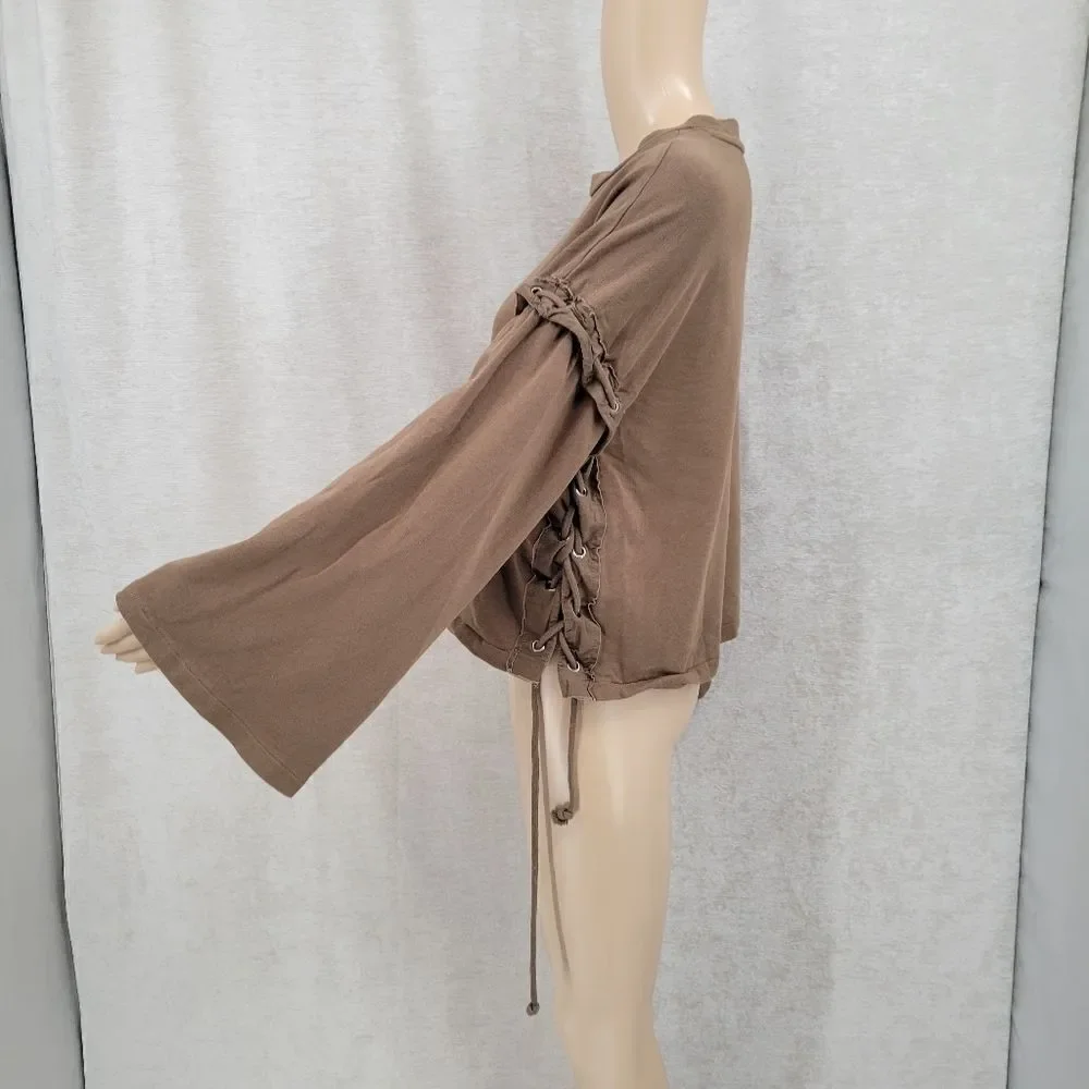 Zara Trafaluc Women's Small Brown Crewneck with Rope Tie Side Bell Sleeves